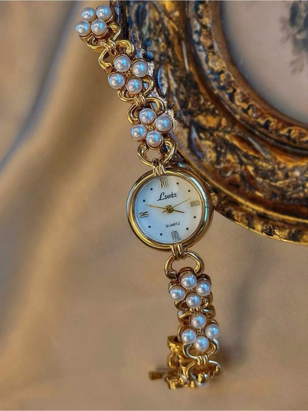Anthropologie Gold Pearl Floral Link Watch - Picture 4 of 8